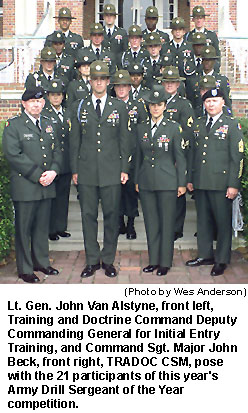 Lt. Gen. John Van Alstyne and Command Sgt. Major John Beck pose with Army Drill Sergeant of the Year competitors.